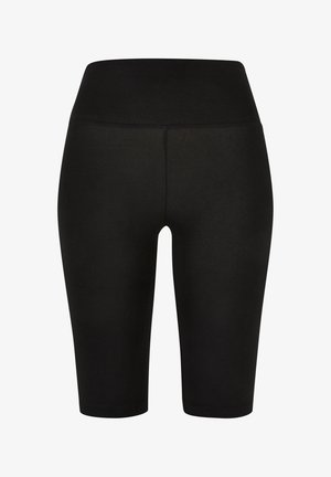 Leggings noirs taille haute en tissu extensible, présentant un design lisse et uni sans coutures ni motifs visibles.