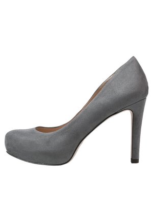 Escarpin pour femmes en daim gris à talon haut, bout arrondi et talon stiletto fin, présenté de profil sur un fond blanc.