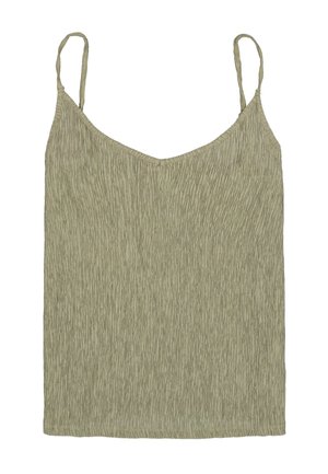 Top de tirantes color verde oliva con tela texturizada y arrugada. Presenta tirantes finos y un diseño de escote en V, proporcionando una silueta relajada.