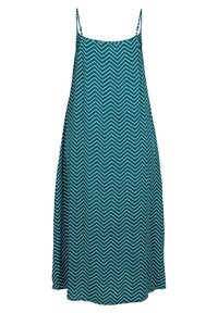 Robes sans manches teal avec un motif en chevron blanc, présentant un design ample et fluide, ainsi que des bretelles réglables.