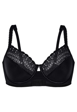 Reggiseno nero con coppe lisce e rifiniture in pizzo nella parte superiore, spalline regolabili in tessuto testurizzato e un'accessorio a forma di cuore al centro.