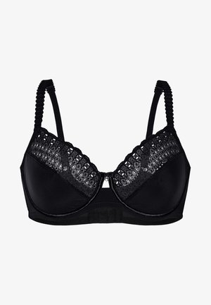 Schwarzer BH mit glatten Cups und Spitzendetails an der Oberseite, verstellbaren strukturierten Trägern und einem herzförmigen Hardware-Akzent in der Mitte.