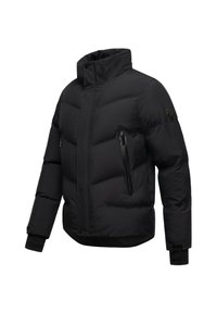 Giacca a vento nera con colletto alto, tasca laterale con cerniera e polsini a costine. Presenta un design trapuntato per isolamento e calore.