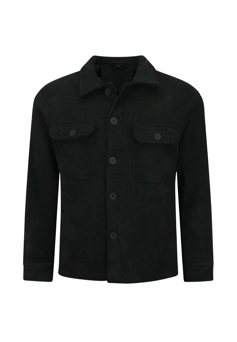 Zwarte corduroy overhemdjas met een kraag, knoopsluiting aan de voorkant en twee borstzakken. Heeft een gestructureerde stof en lange mouwen.