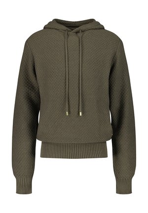 Olivgrüner Hoodie mit strukturiertem Muster, verstellbarem Kapuzenzug und geripptem Saum. Mit Akzenten aus tonigem Gold. Lässiger, verkürzter Schnitt.