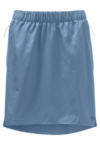 Lichtblauwe rok van een soepele stof, met een elastische tailleband, zijdrawstrings en een afgeronde zoom met een logo-detail.