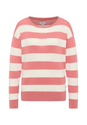 Pulover tricotat cu mâneci lungi, cu dungi orizontale largi roz și albe și decolteu rotund.