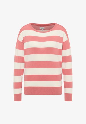 Pikad varrukad, laia horisontaalse roosa ja valge triibulise mustriga ning ümarate kaelustega kootud kampsun.