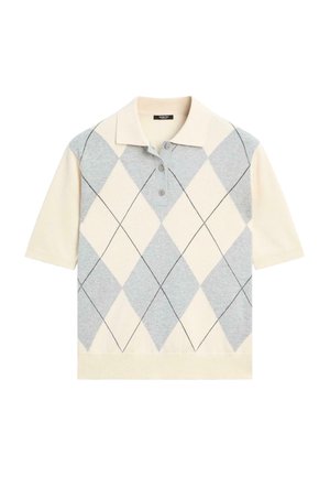 Kortærmet polo med cremefarvet og lysegråt argyle-mønster, tre knapper samt ribstrikket krave og kant.
