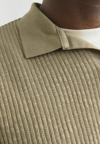 Khakifarbendes Strickpolohemd mit strukturiertem Rippdesign, kontrastierendem Kragen und weichem Stoff mit leichtem Glanz.
