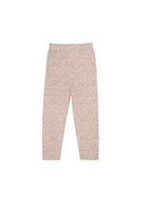 Helle rosa Blumenhose mit einem dehnbaren Bund, die ein kleines, verstreutes Blumenmuster mit gelben und lila Akzenten aufweist.