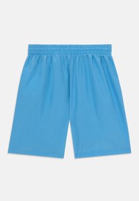 Ljust blå träningsshorts med resårmidja, tillverkade av ett slätt och lätt tyg, med raka benöppningar och utan fickor.