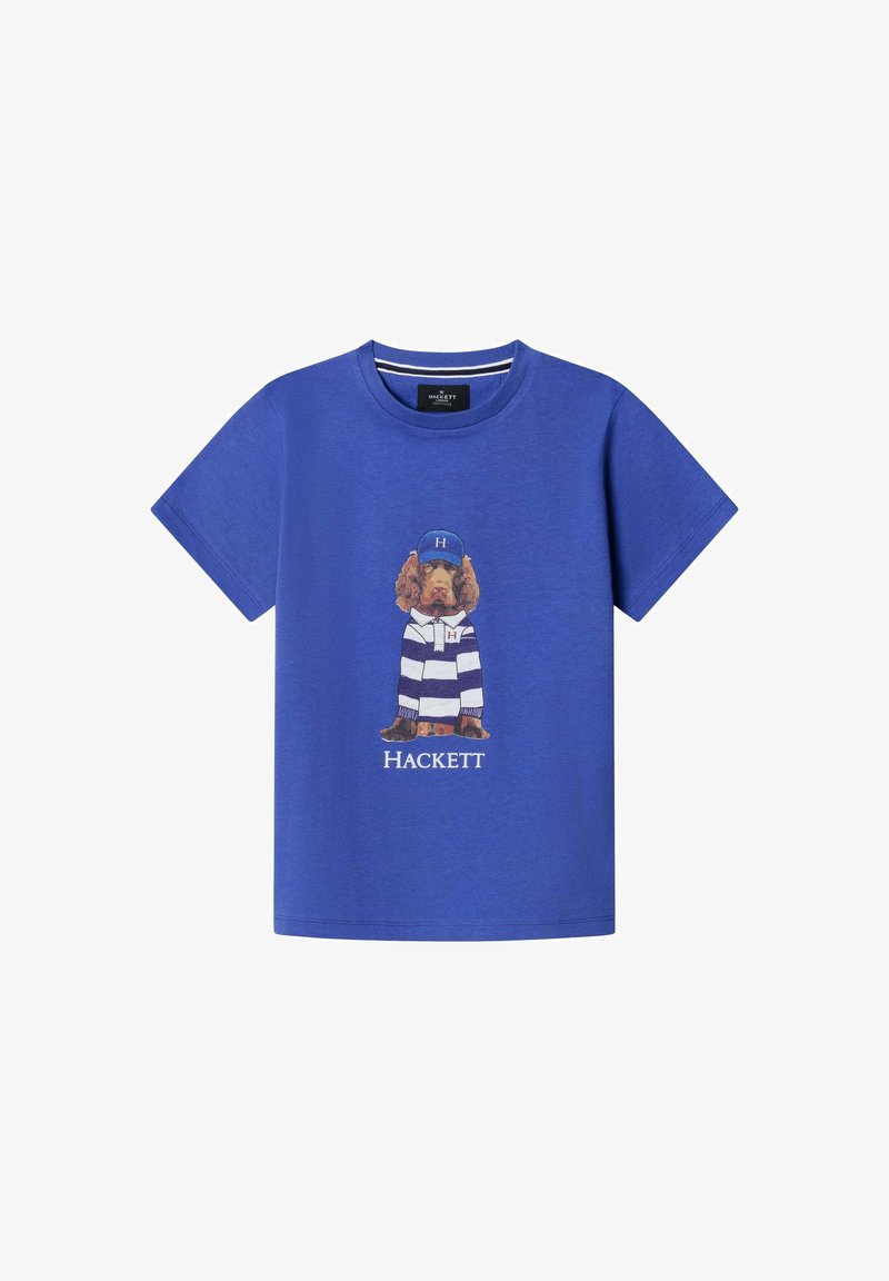 Blaues Baumwoll-T-Shirt mit einem aufgedruckten Hund in gestreiftem Outfit, darunter der Markenname "HACKETT".