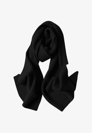 Schwarzer gerippter Strickschal mit weicher Textur, der mit drapierten Falten und einer länglichen Form versehen ist, ideal für Wärme und vielseitiges Styling.