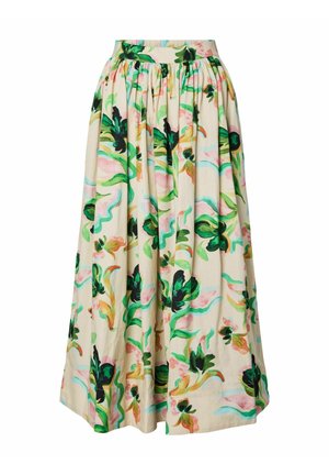 Midi sukně krémové barvy s abstraktními květinovými vzory v zelené, růžové a černé barvě a nařaseným pasem.