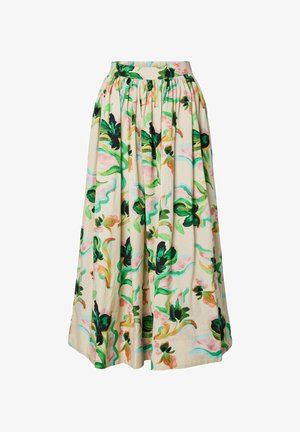 Midi sukně krémové barvy s abstraktními květinovými vzory v zelené, růžové a černé barvě a nařaseným pasem.