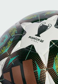 Un pallone da calcio bianco e nero con pannelli a forma di stella, dettagli turchesi e marroni, e il testo "Munich 25 Final" con un logo di trofeo.