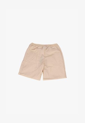 Pantaloni corti beige realizzati in tessuto leggero con cintura elastica, caratterizzati da una texture a griglia e una singola tasca sul retro.