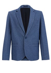 Blazer blu realizzato in tessuto texturizzato con rever a punte, chiusura a un bottone e due tasche frontali. Interno foderato in nero.