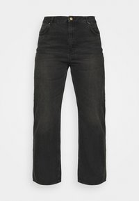 Jeans di denim nero a vita alta con taglio a gamba dritta, dotati di cinque tasche e dettagli in metallo dorato. Tessuto liscio, con sbiadimento minimo.