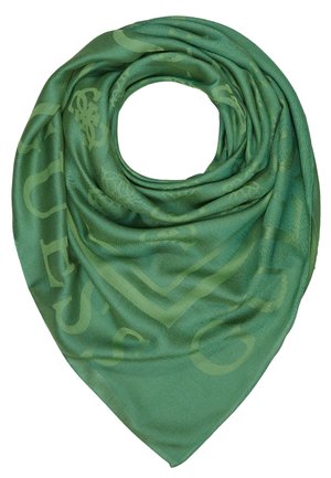 Grønt trekantet tørklæde med subtile abstrakte mønstre, foldet til en rund form med en central åbning.