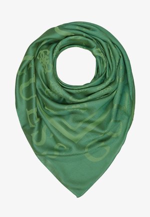 Groene driehoekige sjaal met subtiele abstracte patronen, gevouwen tot een afgeronde vorm met een centrale opening.