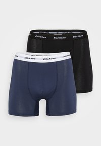 Schwarze und marineblaue Boxershorts aus weichem Stoff, ausgestattet mit elastischen Taillenbändern mit dem "Dickies"-Logo. Jede Paar hat eine glatte Textur und einen klassischen Schnitt.