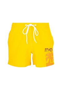 Shorts de bain jaunes avec un cordon blanc, présentant un design graphique en jaune foncé et texte violet sur le côté.