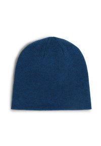 Berretto lavorato a maglia blu con un motivo testurizzato e una vestibilità aderente, caratterizzato da strisce verticali e un design a corona arrotondata. Materiale leggero.