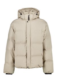 Giacca invernale beige imbottita con cappuccio. Presenta una zip frontale, bottoni a pressione e polsini elastici. Tessuto liscio e leggero, forma quadrata.