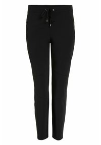 Pantalones deportivos negros con cintura ajustable mediante cordón, piernas ajustadas y bolsillos laterales, con detalles de costura en paneles para una mejor ajuste y comodidad.