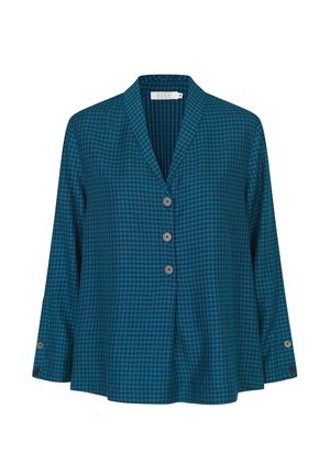 Tealblauwe en zwarte geruite shirt met een sjaalkraag en vijf knopen. Lange mouwen met knoopdetails bij de manchetten. Zachte stoffen textuur.