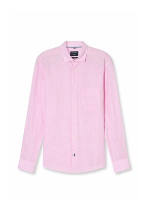 Lichtroze langemouwen shirt van linnen. Kenmerkt zich door een puntige kraag, een sluiting met knopen aan de voorkant, een enkele borstzak en een blauwe accentknop.