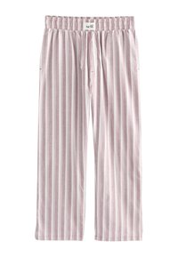 Locker sitzende Hose mit vertikalen rosa und weißen Streifen, elastischem Bund und Label mit der Aufschrift "self." in der vorderen Mitte.