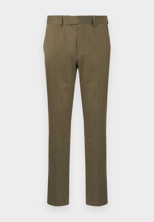 Men's slim-fit olive green trousers with belt loops, side pockets, and a hidden front zipper fly on a white background.