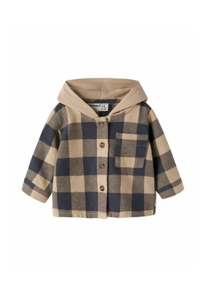 Baby jakke med hætte med beige og marineblåt ternet mønster, knaplukning foran og brystlomme.
