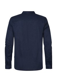 Marineblauwe blouse met lange mouwen en een kraag, gemaakt van gestructureerde stof, voorzien van knoopmanchetten en een rechte zoom.