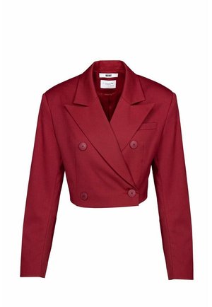 Rote, taillierte, doppelt-knöpfbare Jacke mit spitz zulaufenden Revers, langen Ärmeln, zwei Knopfverschlüssen und einer einzelnen Brusttasche. Strukturierter Stoff.