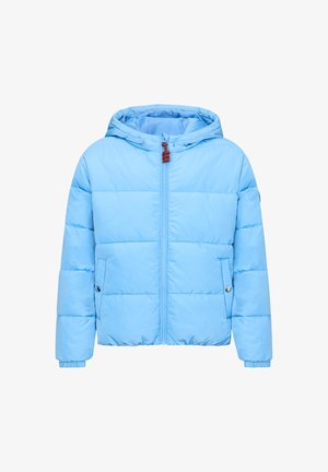 Light blue puffer jacket with a hood, featuring a front zipper, two side pockets, and elastic cuffs. Smooth, insulated fabric with quilted texture.