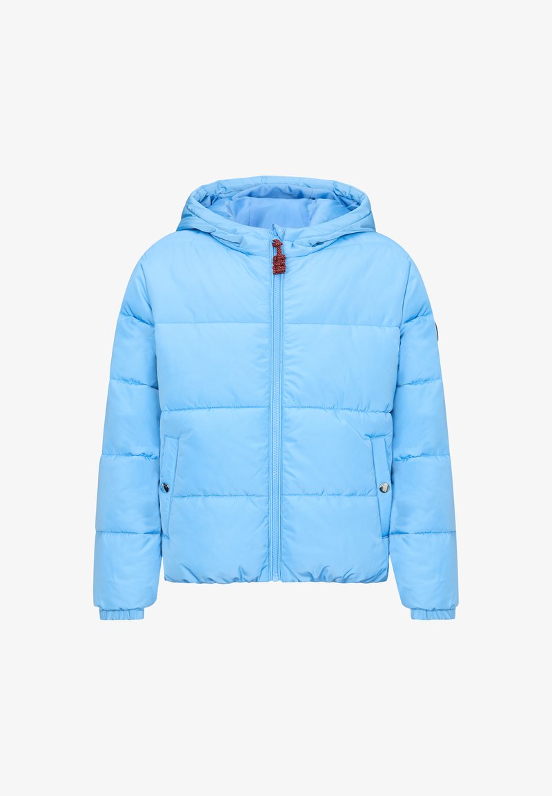 Giacca a vento leggera blu chiaro con cappuccio, dotata di una cerniera frontale, due tasche laterali e polsini elastici. Tessuto liscio, isolato e con texture trapuntata.