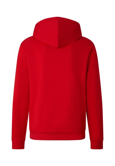 Sweat à capuche rouge à manches longues vu de dos, présentant un design uni avec des poignets et un ourlet côtelés, sans logos ni motifs visibles.