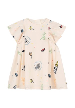Crème kleurige kinderjurk met korte mouwen, versierd met kleurrijke snoepjes, pandagezichten, ijsjes en "Kenzo Paris 1970" tekstprints.