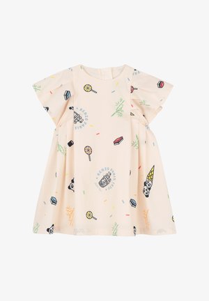 Robe pour enfants de couleur crème à manches courtes, décorée de bonbons colorés, de visages de panda, de cornets de glace et de textes imprimés "Kenzo Paris 1970".