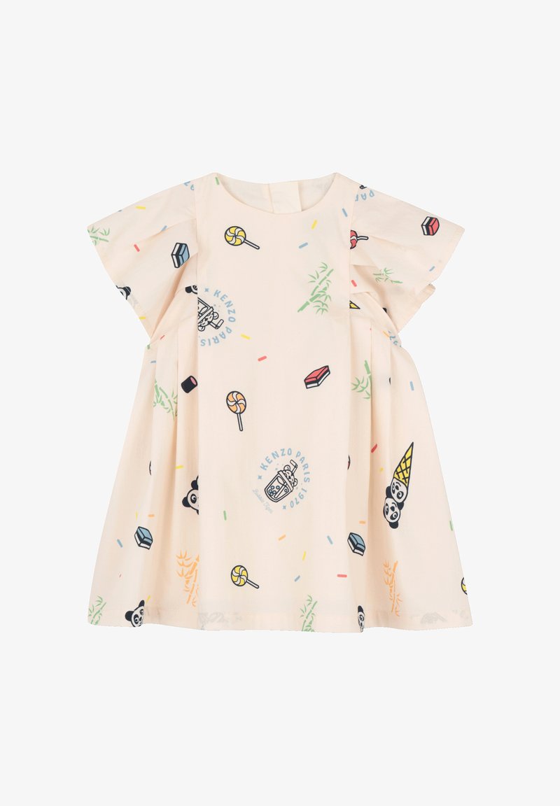 Robe pour enfants de couleur crème à manches courtes, décorée de bonbons colorés, de visages de panda, de cornets de glace et de textes imprimés "Kenzo Paris 1970".