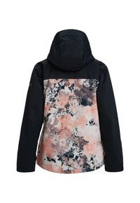 Black jacket with a floral-patterned back in soft pink and purple tones. Features a hood and long sleeves. Made from lightweight fabric.
