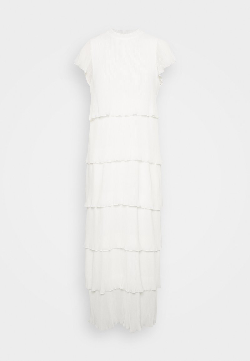 Vestido branco em camadas, feito de um tecido texturizado. Apresenta um decote redondo e mangas curtas em babados, com camadas fluidas e uma bainha ligeiramente assimétrica.