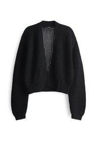 Cardigan noir ouvert à l'avant avec de longues manches larges. Matériau en tricot texturé avec une coupe décontractée et des poignets côtelés. Design léger et court.