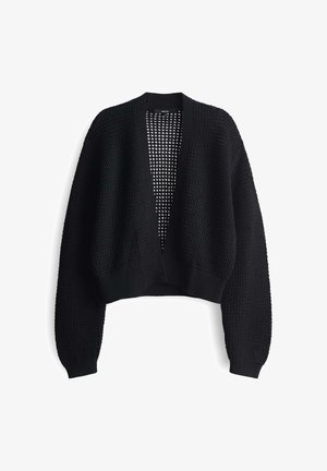 Cardigan nero aperto sul davanti con maniche lunghe e ampie. Materiale a maglia testurizzata con una vestibilità ampia e polsini a coste. Design leggero e corto.