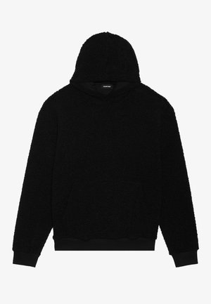 Sweatshirt à capuche noire en tissu doux et texturé, avec des manches longues et une finition côtelée. Pas de logos ni de motifs visibles.