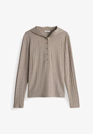 Chemise à capuche beige à manches longues avec une texture côtelée, une patte de boutonnage à trois boutons et un motif moucheté subtil.
